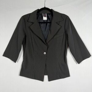Vtg 90s Y2K Wrapper Pinstripe Blazer Jacket Sz 9 Black White Cropped 3/4 Sleeve